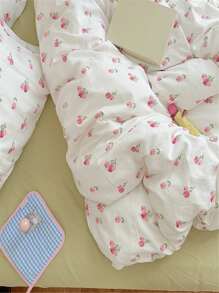 4pcs Washed Double Layer Polyester Fabric White/pink Floral Printed Zippered Duvet Cover Set, Comfortable And Suitable For All Seasons, Including 1 Duvet Cover, 1 Bed Sheet And 2 Pillowcases - Hồng - Xem 3