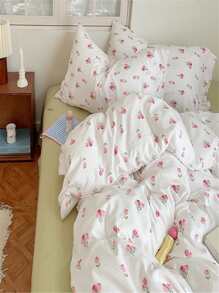 4pcs Washed Double Layer Polyester Fabric White/pink Floral Printed Zippered Duvet Cover Set, Comfortable And Suitable For All Seasons, Including 1 Duvet Cover, 1 Bed Sheet And 2 Pillowcases - Hồng - Xem 2