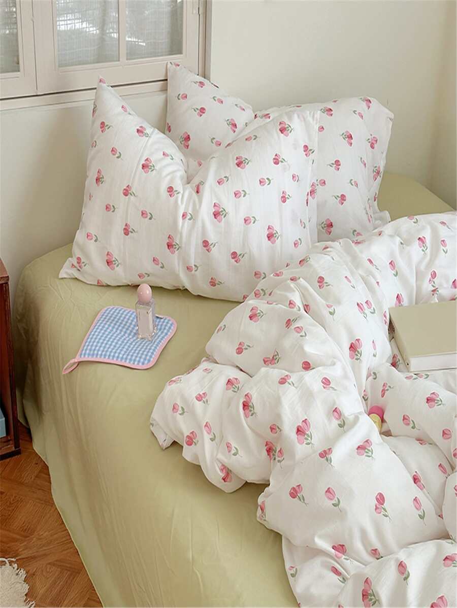 4pcs Washed Double Layer Polyester Fabric White/pink Floral Printed Zippered Duvet Cover Set, Comfortable And Suitable For All Seasons, Including 1 Duvet Cover, 1 Bed Sheet And 2 Pillowcases - Hồng - Xem 1
