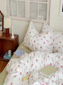 4pcs Washed Double Layer Polyester Fabric White/pink Floral Printed Zippered Duvet Cover Set, Comfortable And Suitable For All Seasons, Including 1 Duvet Cover, 1 Bed Sheet And 2 Pillowcases - Hồng - Xem 7