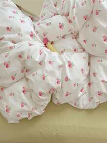 4pcs Washed Double Layer Polyester Fabric White/pink Floral Printed Zippered Duvet Cover Set, Comfortable And Suitable For All Seasons, Including 1 Duvet Cover, 1 Bed Sheet And 2 Pillowcases - Hồng - Xem 5