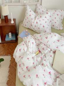 4pcs Washed Double Layer Polyester Fabric White/pink Floral Printed Zippered Duvet Cover Set, Comfortable And Suitable For All Seasons, Including 1 Duvet Cover, 1 Bed Sheet And 2 Pillowcases - Hồng - Xem 9