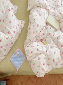 4pcs Washed Double Layer Polyester Fabric White/pink Floral Printed Zippered Duvet Cover Set, Comfortable And Suitable For All Seasons, Including 1 Duvet Cover, 1 Bed Sheet And 2 Pillowcases - Hồng - Xem 6