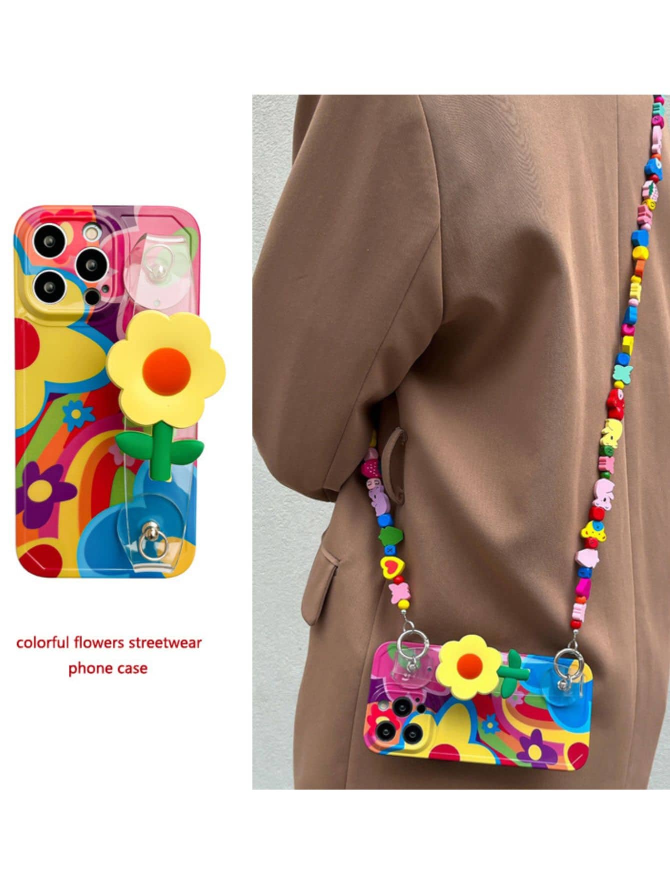 With Phone Charm Summer Flower Decor Phone Case With Lanyard - Multicolor - View 1