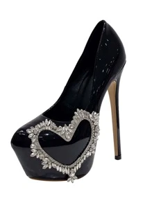 水鑽裝飾心形16cm高跟鞋帶防水防水台適合女士 - 黑色 - 查看 5