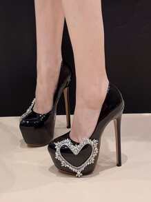 水鑽裝飾心形16cm高跟鞋帶防水防水台適合女士 - 黑色 - 查看 3