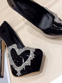 水鑽裝飾心形16cm高跟鞋帶防水防水台適合女士 - 黑色 - 查看 4