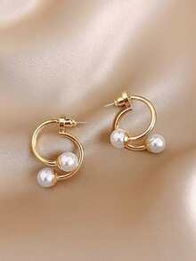 Double C Design Faux Pearl Earrings, 18k Gold Color Plated With Fine S925 Sterling Silver, Elegant And Fashionable Women's Ear Jewelry - Gold - View 1