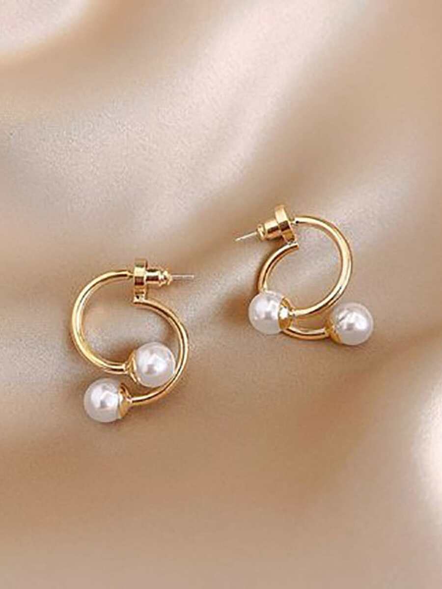 Double C Design Faux Pearl Earrings, 18k Gold Color Plated With Fine S925 Sterling Silver, Elegant And Fashionable Women's Ear Jewelry - Gold - View 1