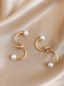 Double C Design Faux Pearl Earrings, 18k Gold Color Plated With Fine S925 Sterling Silver, Elegant And Fashionable Women's Ear Jewelry - Gold - View 3
