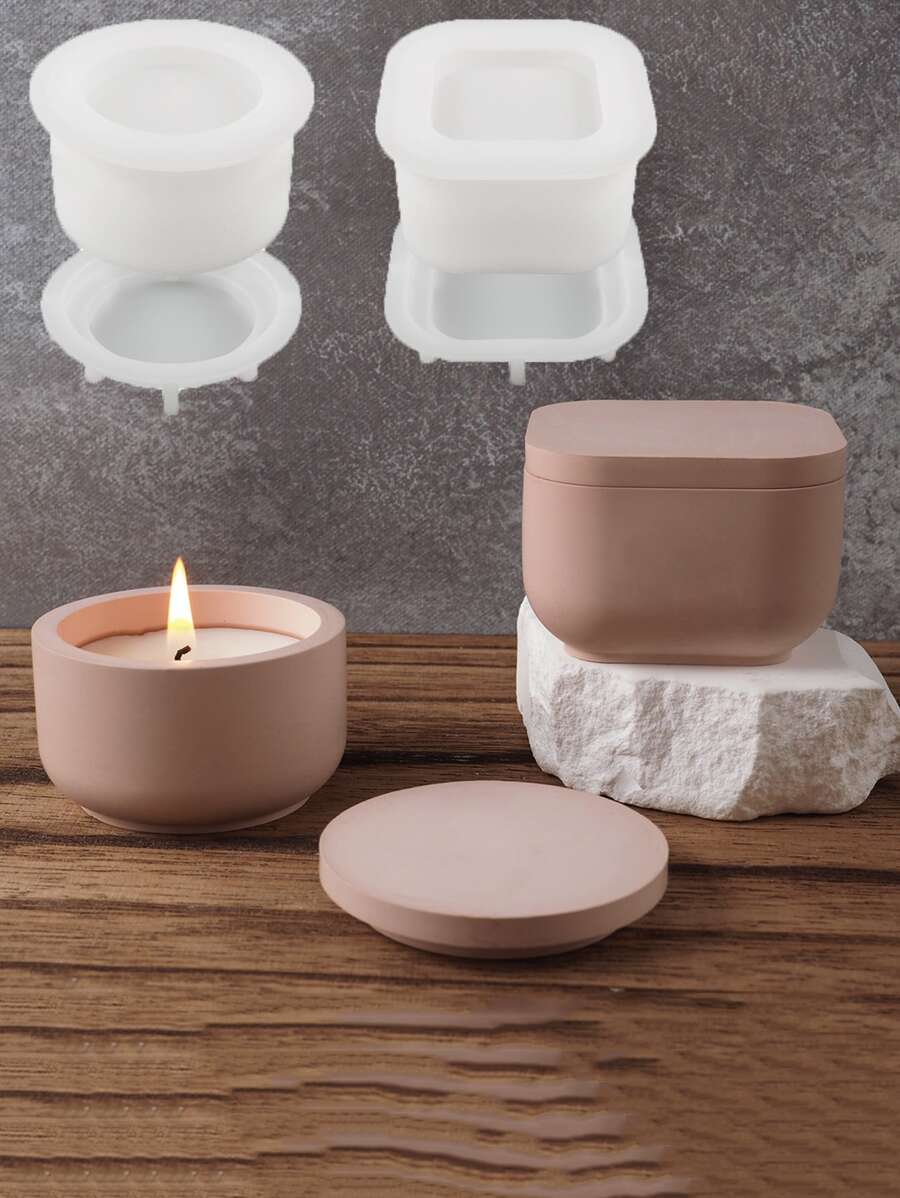 方形蠟燭罐矽膠模具，水泥模具，圓形混凝土蠟燭杯模具，儲物盒石膏模具，環氧樹脂儲物罐模具 - 白色 - 查看 1