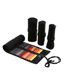 1支/2支装素描铅笔套装，彩色大容量收纳铅笔盒，带橡皮擦，多功能多款式化妆刷笔收纳笔袋，带系带大容量收纳袋，适用于办公旅行，返校季，铅笔袋，书包，文具 - 黑色 - 查看 7