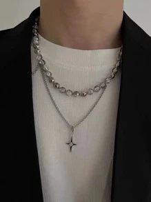 雙層珍珠和星星項鍊帶甜美風和酷冰水晶串珠鏈條 - 銀色 - 查看 1