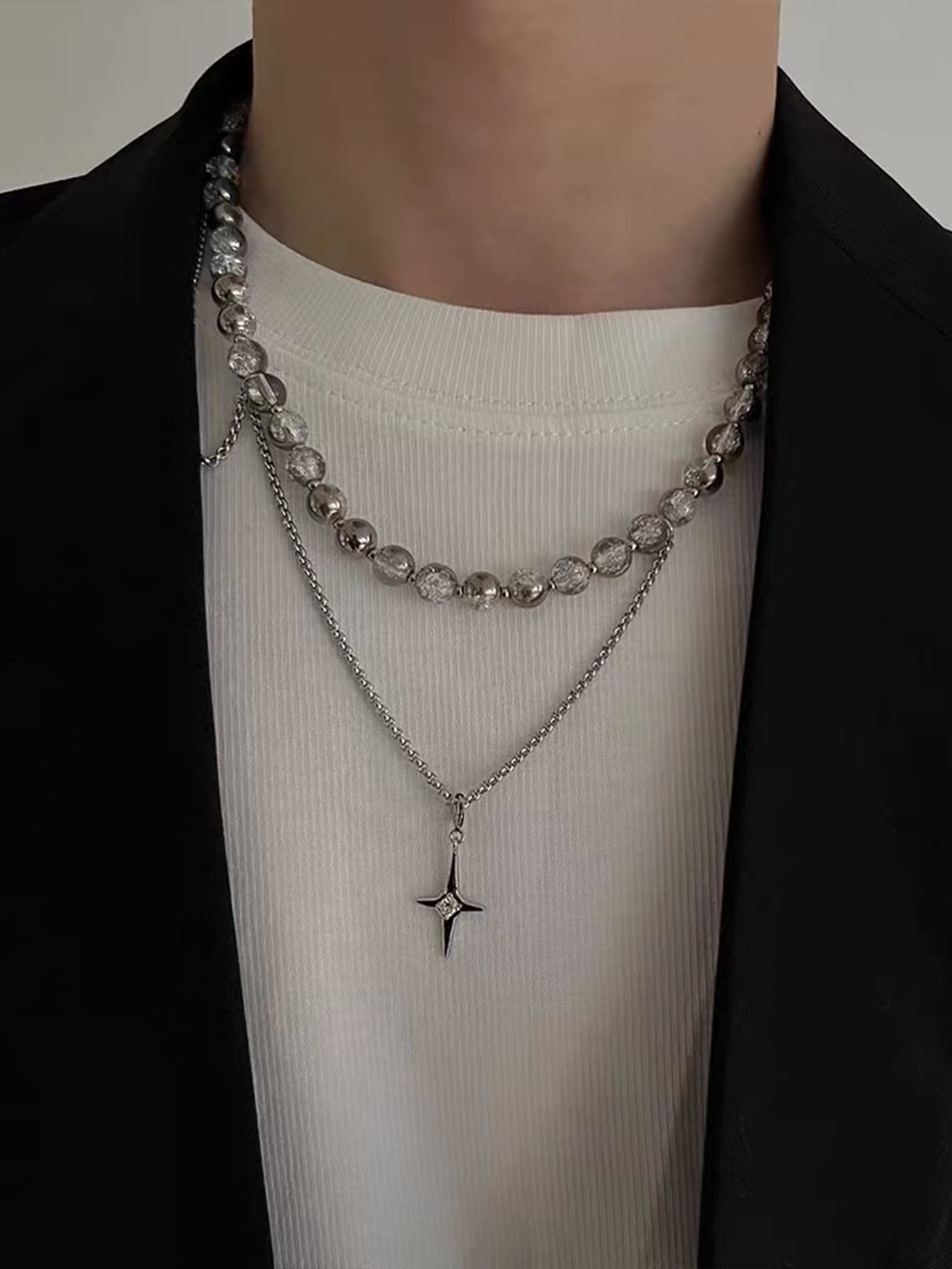 雙層珍珠和星星項鍊帶甜美風和酷冰水晶串珠鏈條 - 銀色 - 查看 1