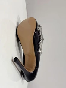 水鑽裝飾心形16cm高跟鞋帶防水防水台適合女士 - 黑色 - 查看 6