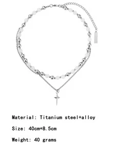 雙層珍珠和星星項鍊帶甜美風和酷冰水晶串珠鏈條 - 銀色 - 查看 2