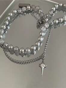 雙層珍珠和星星項鍊帶甜美風和酷冰水晶串珠鏈條 - 銀色 - 查看 5