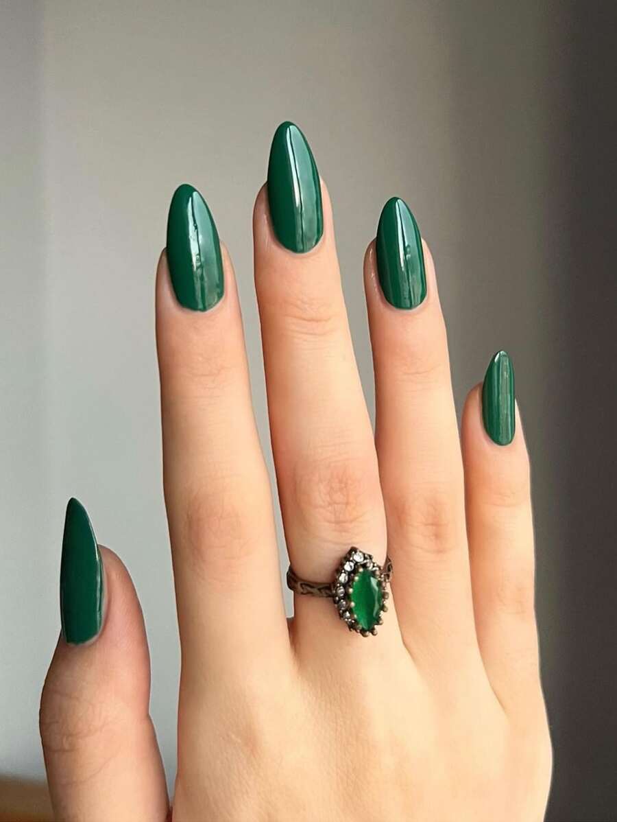 24 uñas postizas cortas de almendra reutilizables, diseño de estilo francés asimétrico en color verde puro, forma de almendra en espiral media en color verde esmeralda, diseñado específicamente para damas, niñas y estudiantes, incluye 1 pegamento de gelatina y 1 lima de uñas (color aleatorio) - Multicolor - Ver 1