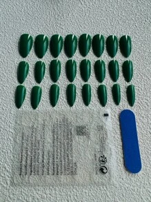 24 uñas postizas cortas de almendra reutilizables, diseño de estilo francés asimétrico en color verde puro, forma de almendra en espiral media en color verde esmeralda, diseñado específicamente para damas, niñas y estudiantes, incluye 1 pegamento de gelatina y 1 lima de uñas (color aleatorio) - Multicolor - Ver 2