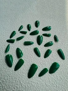 24 uñas postizas cortas de almendra reutilizables, diseño de estilo francés asimétrico en color verde puro, forma de almendra en espiral media en color verde esmeralda, diseñado específicamente para damas, niñas y estudiantes, incluye 1 pegamento de gelatina y 1 lima de uñas (color aleatorio) - Multicolor - Ver 3