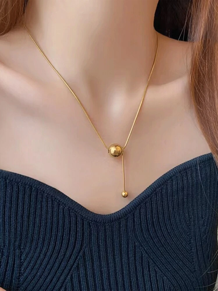1pc 18k Gold-Plated Stainless Steel Ball Pendant Necklace With 