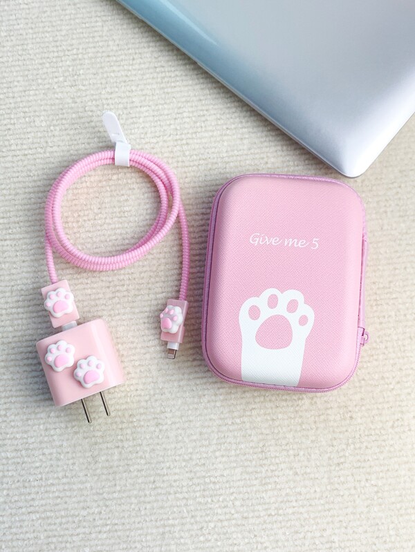 6pcs Paw Pattern Data Cable Storage Bag & Data Cable Protector & Charging Head Cover Set Charger Protector