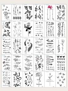 30入組黑色花朵蝴蝶羽毛鳥動物圖案指甲貼紙,腕部和小部位身體 - 黑色 - 查看 2