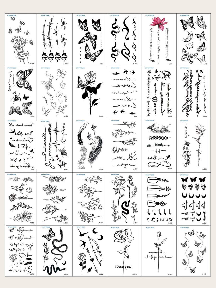 30入組黑色花朵蝴蝶羽毛鳥動物圖案指甲貼紙,腕部和小部位身體