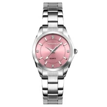 Reloj Rosa Para Damas Con Correa De Acero Inoxidable Con Diamantes De Imitación, Reloj De Cuarzo De Mano Redonda De Moda Empresarial - Rosa - Ver 1