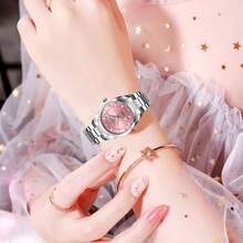 Reloj Rosa Para Damas Con Correa De Acero Inoxidable Con Diamantes De Imitación, Reloj De Cuarzo De Mano Redonda De Moda Empresarial - Rosa - Ver 2