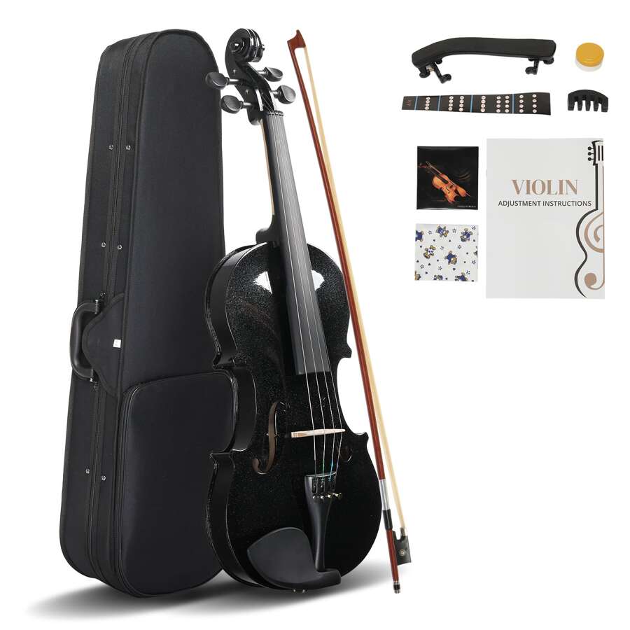 Full Size 4/4 Violin Set for Adults Beginners Students with Hard Case,Violin Bow,Shoulder Rest,Rosin,Extra Strings and Sordine - Black - View 1