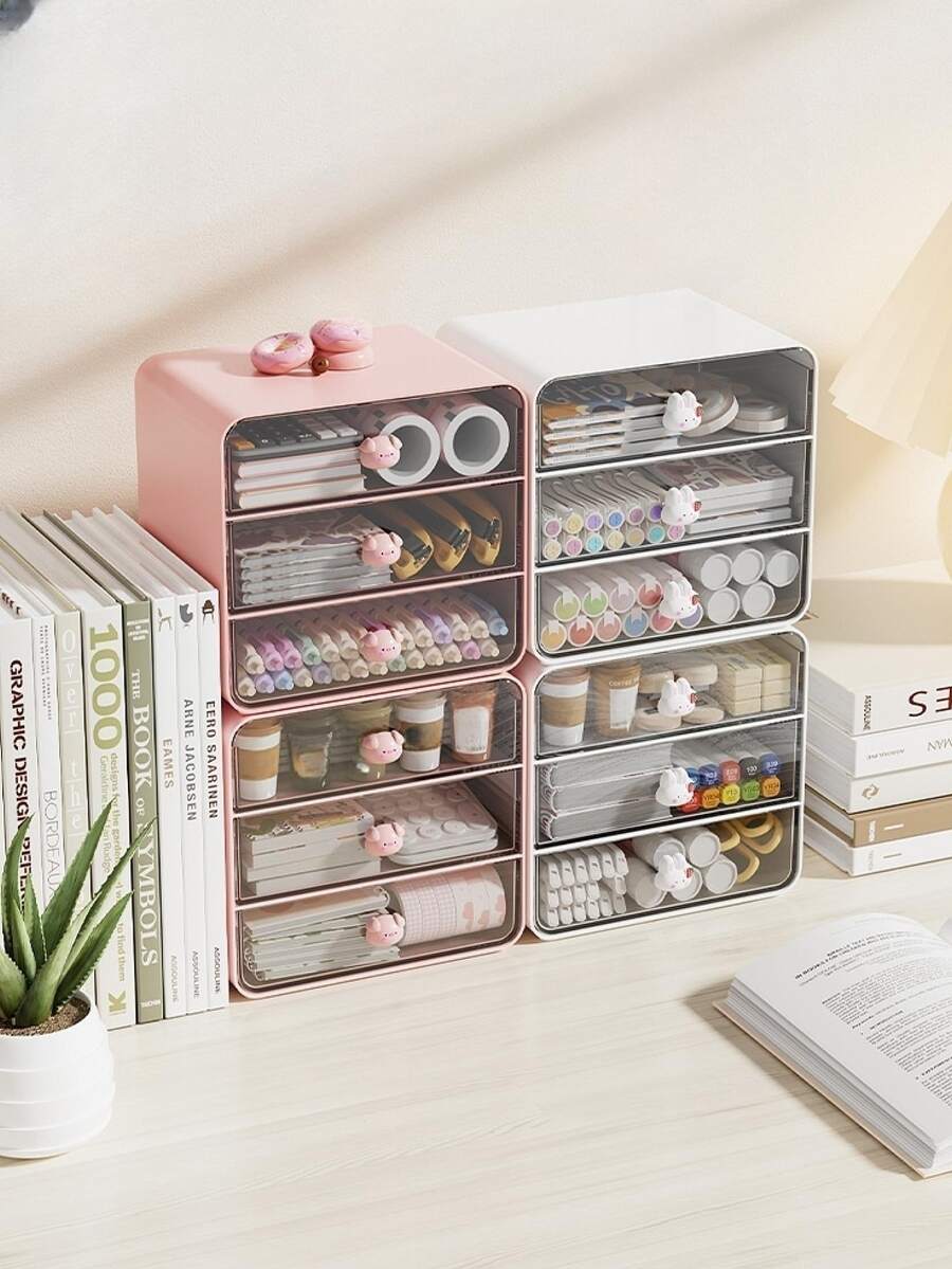 1入組卡通桌面收納盒,抽屜風格文具收納,桌子架子收納 - 粉色 - 查看 1