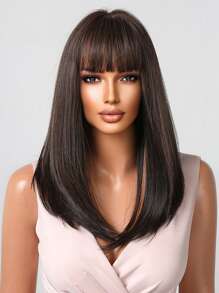 Short Brown Bob Hairstyle With Light Brown Highlights, Bangs And Synthetic Scalp For Daily Wear - Piano Color - View 5