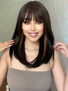 Short Brown Bob Hairstyle With Light Brown Highlights, Bangs And Synthetic Scalp For Daily Wear - Piano Color - View 2