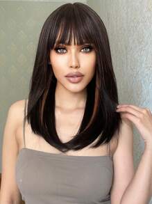 Short Brown Bob Hairstyle With Light Brown Highlights, Bangs And Synthetic Scalp For Daily Wear - Piano Color - View 1