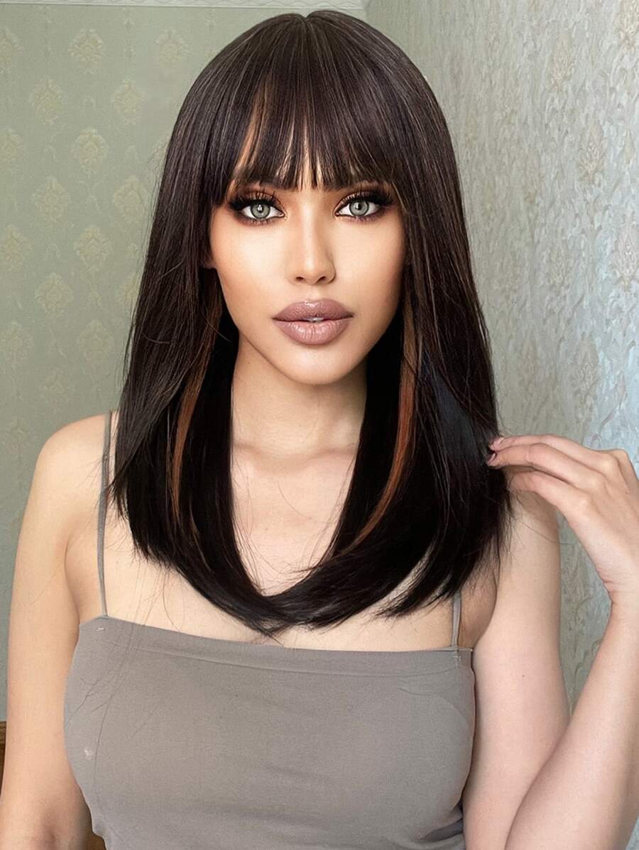 Short Brown Bob Hairstyle With Light Brown Highlights, Bangs And Synthetic Scalp For Daily Wear - Piano Color - View 1