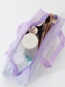 Purple Waterproof Transparent Cosmetic Bag With Solid Color & Small Floral Print, Large Capacity, Portable, Unisex, Essential For Travel - Purple - View 4