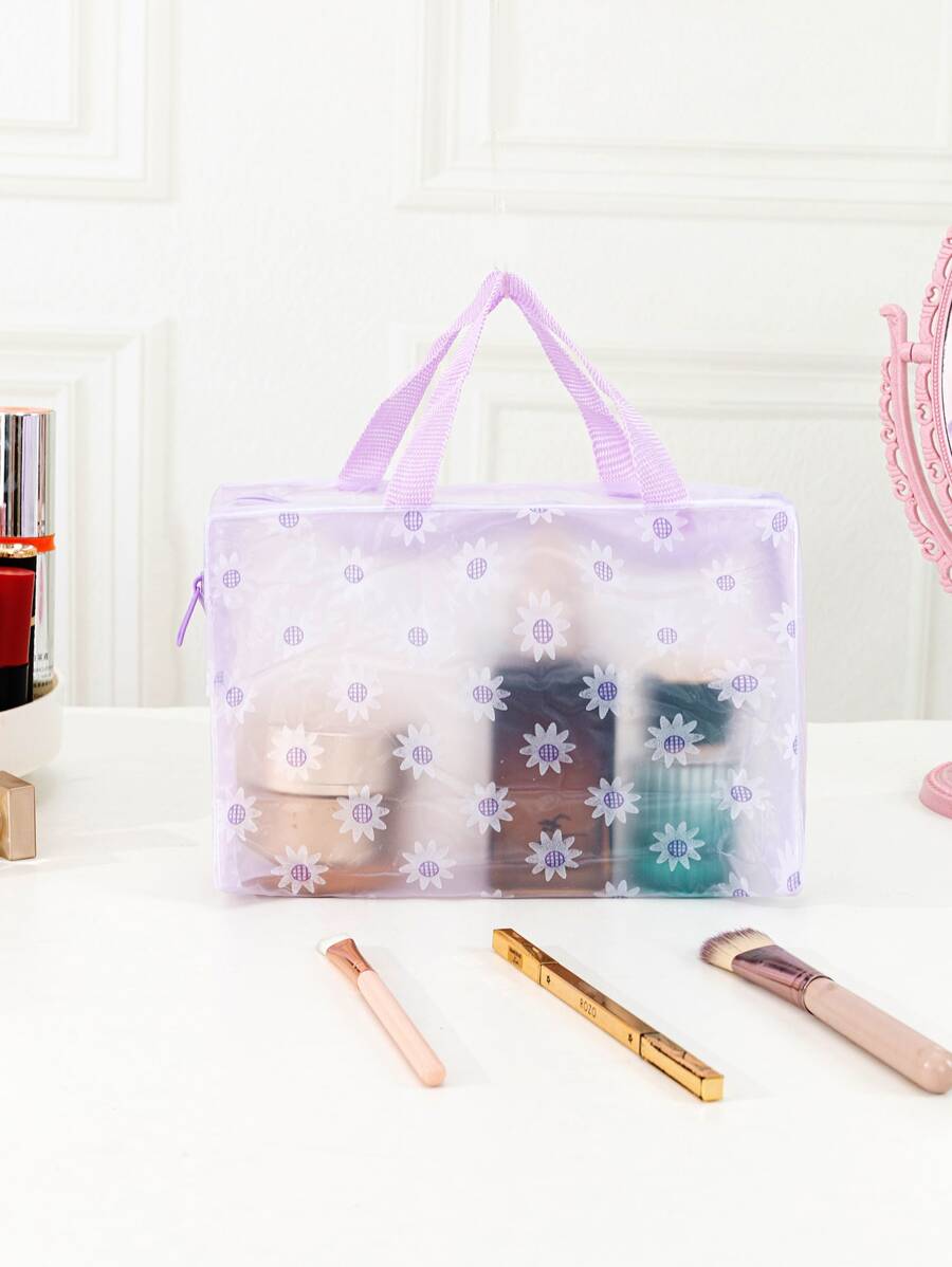 Purple Waterproof Transparent Cosmetic Bag With Solid Color & Small Floral Print, Large Capacity, Portable, Unisex, Essential For Travel - Purple - View 1