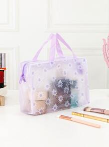 Purple Waterproof Transparent Cosmetic Bag With Solid Color & Small Floral Print, Large Capacity, Portable, Unisex, Essential For Travel - Purple - View 2