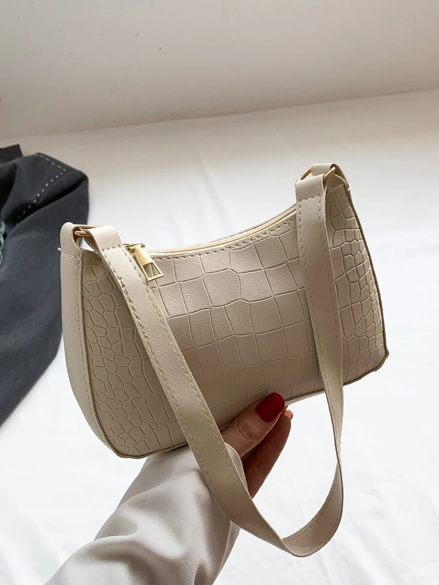 Bolso de hombro sencillo con estampado de mini cocodrilo - Beis - Ver 1