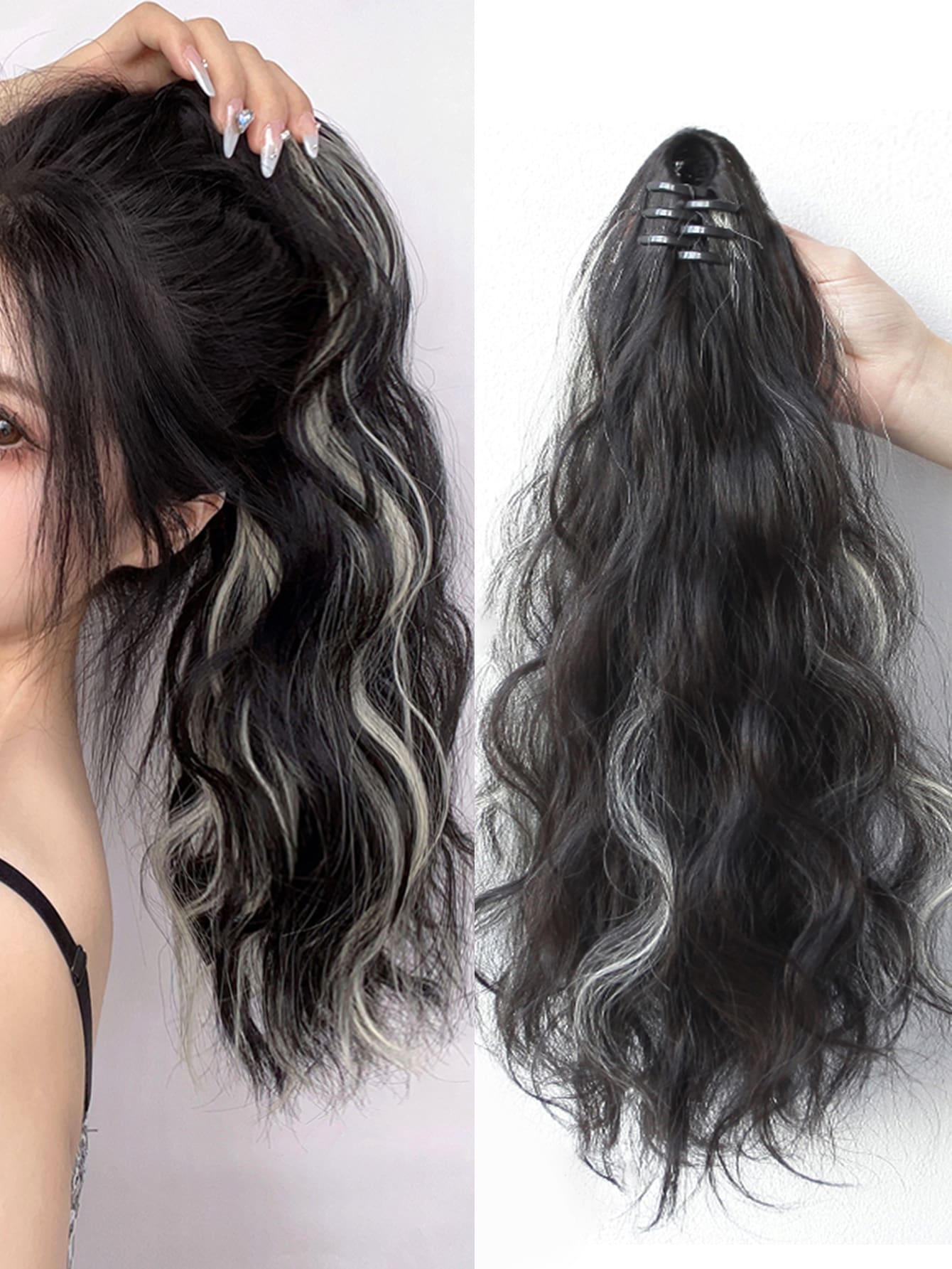 馬尾假髮女性染色白色灰色的抓住夾水波紋梨花卷馬尾合成纖維接髮