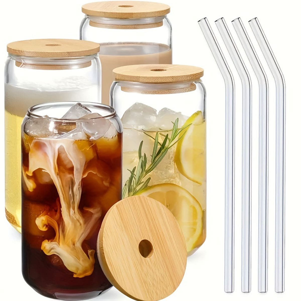 1pc Glass Beverage Cup With Bamboo Lid And Straw, Ounce Glass Mug For