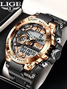 LIGE 1pc Black Silicone Strap Casual Date Calendars 24 Hour Round Dial Digital Watch, For Daily Life