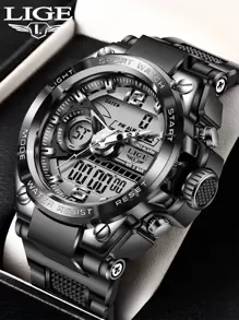 LIGE 1pc Black Silicone Strap Casual Date Calendars 24 Hour Round Dial Digital Watch, For Daily Life - Black - View 2