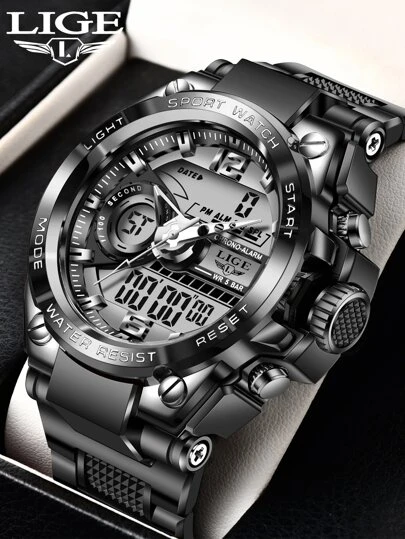 LIGE 1pc Black Silicone Strap Casual Date Calendars 24 Hour Round Dial Digital Watch, For Daily Life