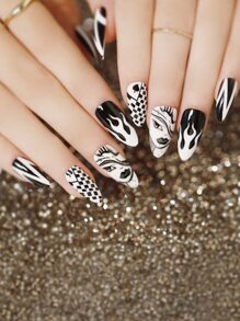 24 cái Đen Và Trắng Mát mẻ Nghệ thuật làm Móng Móng giả Và Một Thạch Gel - Nhiều màu - Xem 1