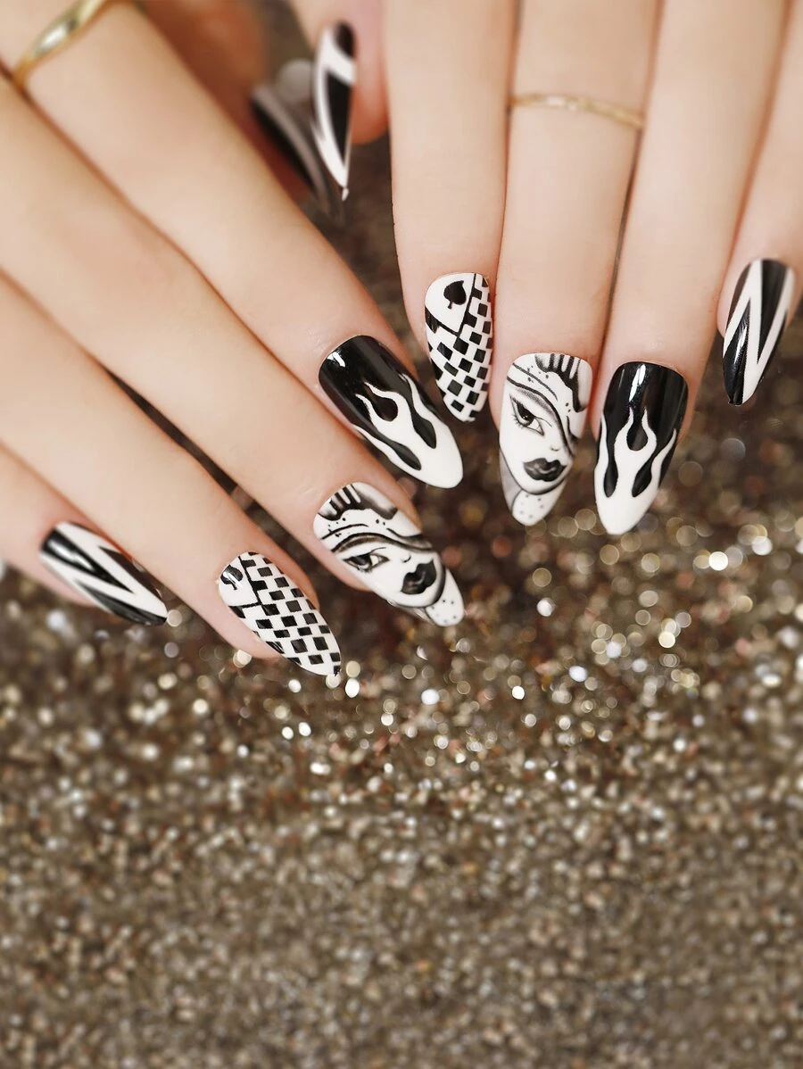 24 cái Đen Và Trắng Mát mẻ Nghệ thuật làm Móng Móng giả Và Một Thạch Gel - Nhiều màu - Xem 1