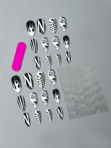 24 cái Đen Và Trắng Mát mẻ Nghệ thuật làm Móng Móng giả Và Một Thạch Gel - Nhiều màu - Xem 2