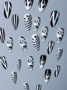 24 cái Đen Và Trắng Mát mẻ Nghệ thuật làm Móng Móng giả Và Một Thạch Gel - Nhiều màu - Xem 4