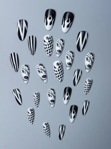 24 cái Đen Và Trắng Mát mẻ Nghệ thuật làm Móng Móng giả Và Một Thạch Gel - Nhiều màu - Xem 3